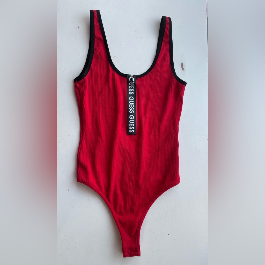 Guess Jacey Logo Tape Bodysuit Rugby Red Sz Small New With Tags Fourth Of July